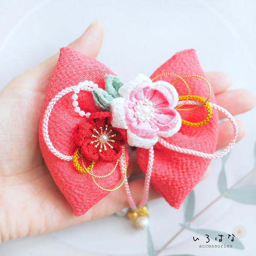 和風リボンの髪飾り 七五三 ひな祭り 和花リボン 濃ピンク ヘア