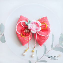 お値下げ中 七五三用 花柄リボン　髪飾り•巾着付 和風リボンの髪飾り 七五三 ひな祭り 和花リボン 濃ピンク ヘア