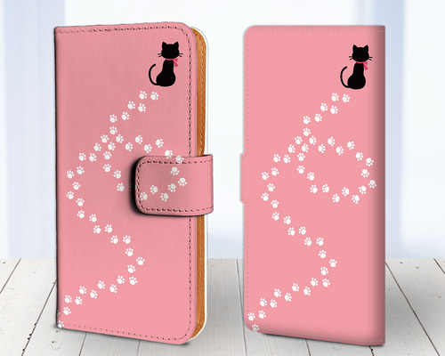 Android / iPhone 対応 フラップあり手帳型ケース ☆黒ネコと