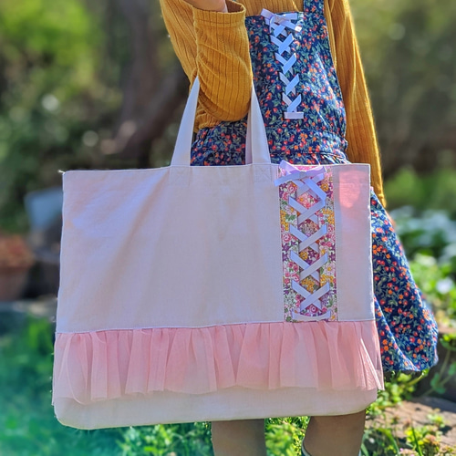 女の子*編み上げリボンとチュールのレッスンバッグ 絵本袋 習い事