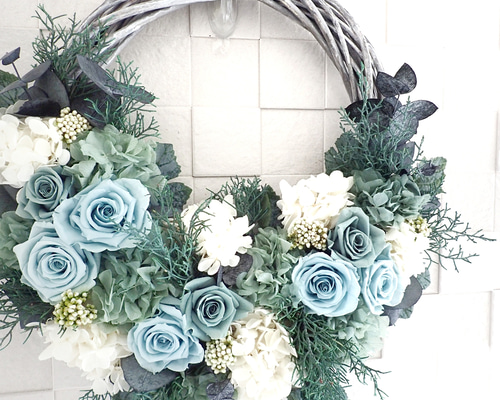 プリザーブドフラワー ブルーローズとあじさいのハーフリースL 直径約  