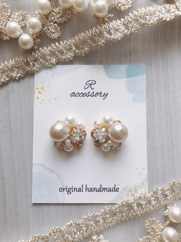 ♡ハンドメイド♡ビジューピアスイヤリング№991 グレージュが可愛いシンプル華やかビジューピアス イヤリング no