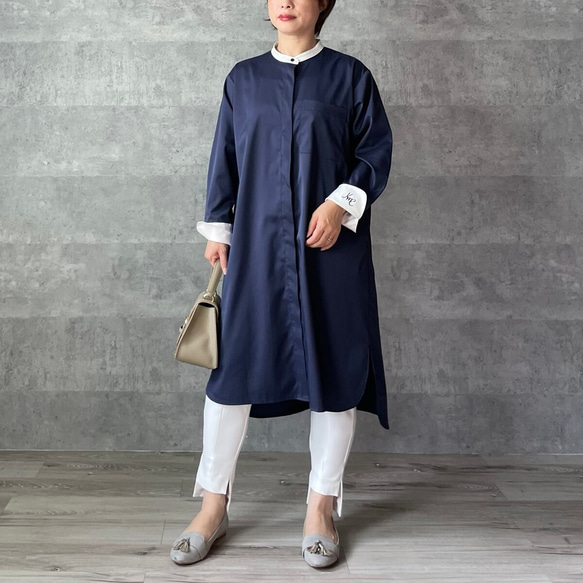小柄さんS□羽織でも使える ポイント刺繍袖シャツワンピース ネイビー  