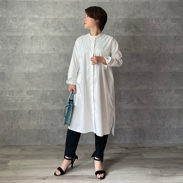 小柄S】羽織でも使える ポイント刺繍袖シャツワンピース :白 KMC-11  