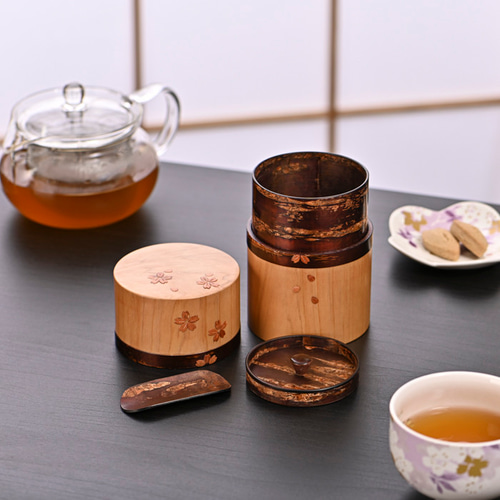 桜革細工 茶筒 三点セット くさ忠 桜皮細工 茶筒 十二角