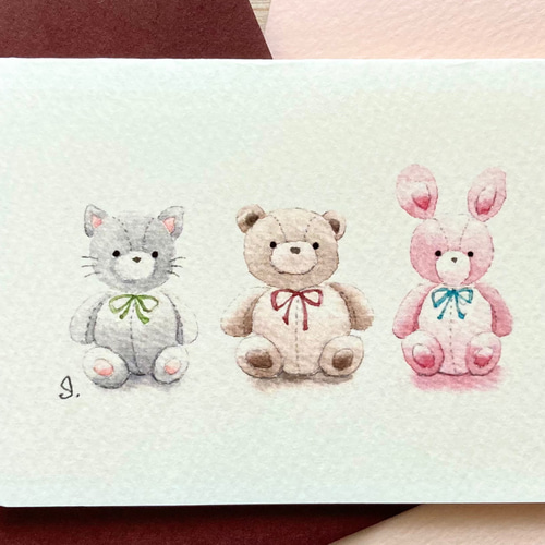 水彩画「可愛い人形」 2枚セット「大切なぬいぐるみ」水彩画イラスト ミニカード