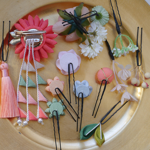 成人式 卒業式 袴 髪飾り コーラル グリーン ピンク つまみ細工 造花 
