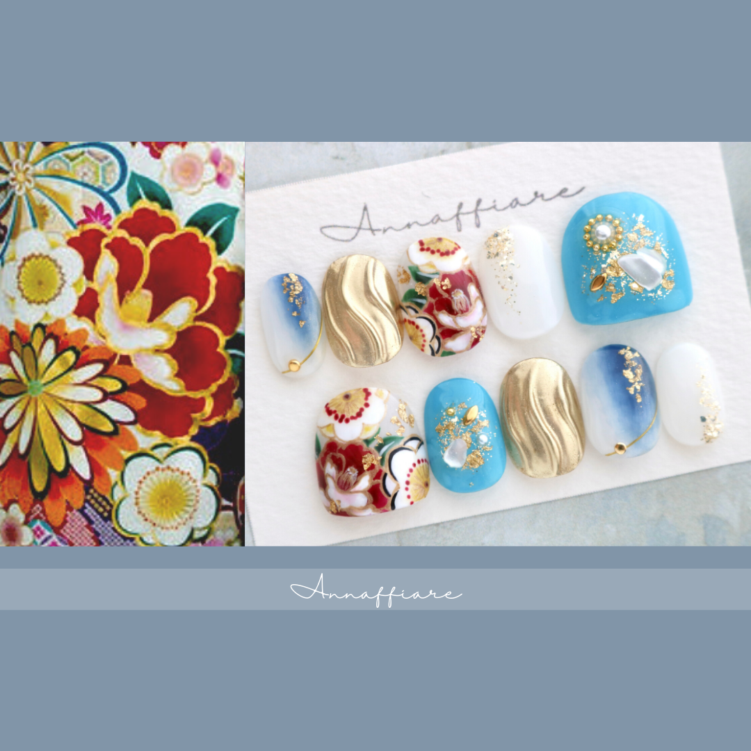 【カラー＆柄オーダー】和装ネイルチップ/Annaffiare成人式振袖和柄日本和風着物白無垢浴衣結婚式椿桜ウェディング青