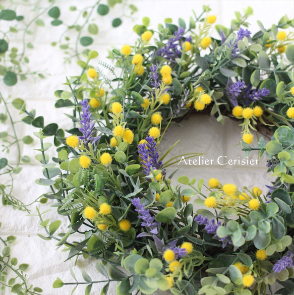 ミモザ ラベンダー リース＜アーティフィシャルフラワー＞ミモザ＆ラベンダー＆ユーカリ 30センチ 3枚目の画像