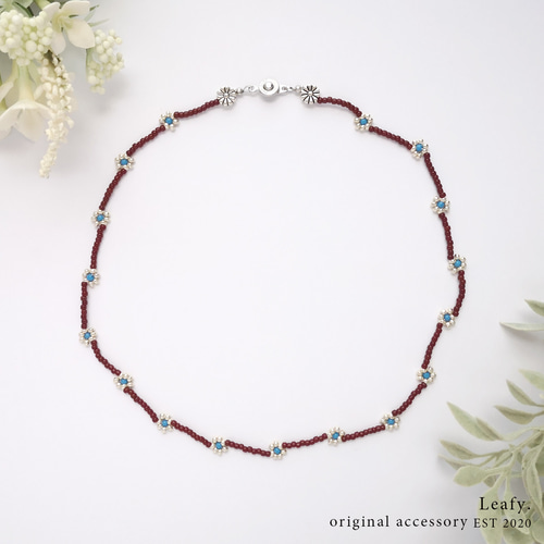 ❁brown＆blue 大人シックなフラワービーズネックレス ビーズ  