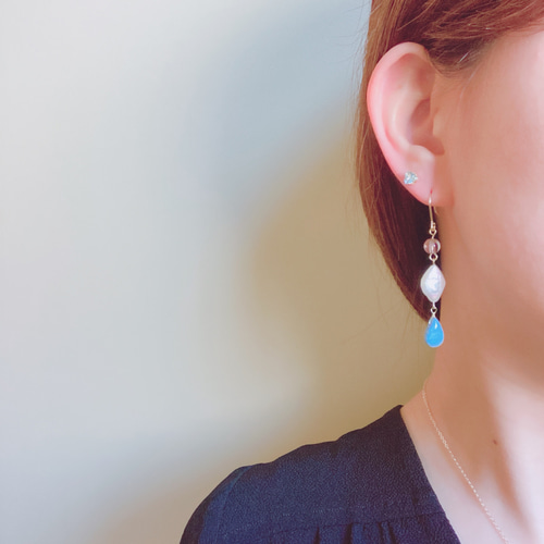 ◇14kgf◇ブルーフローライト×淡水パールロングチャーム