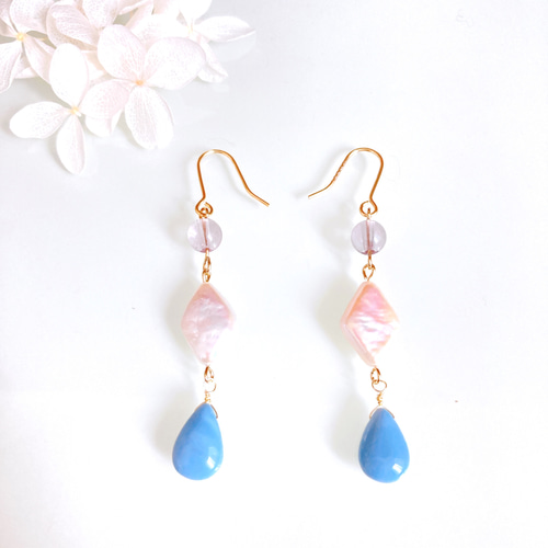 ◇14kgf◇ブルーフローライト×淡水パールロングチャーム