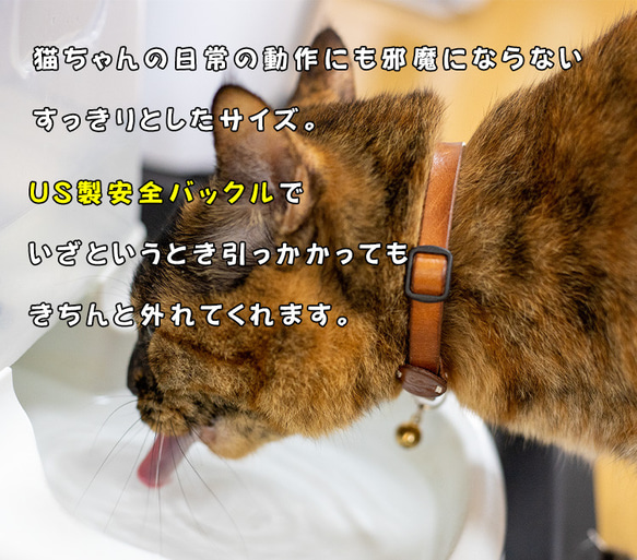 栃木レザー猫の首輪　お名前タグつき　US製高品質安全バックル！ 2枚目の画像