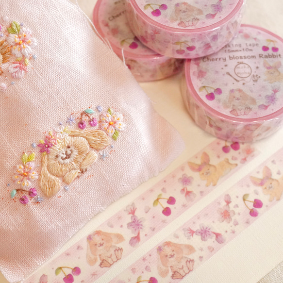 [マステ＋ミニカード] ✳︎動物刺繍デザイン✳︎ Cherry blossom rabbit ウサギと桜とサクランボ 7枚目の画像