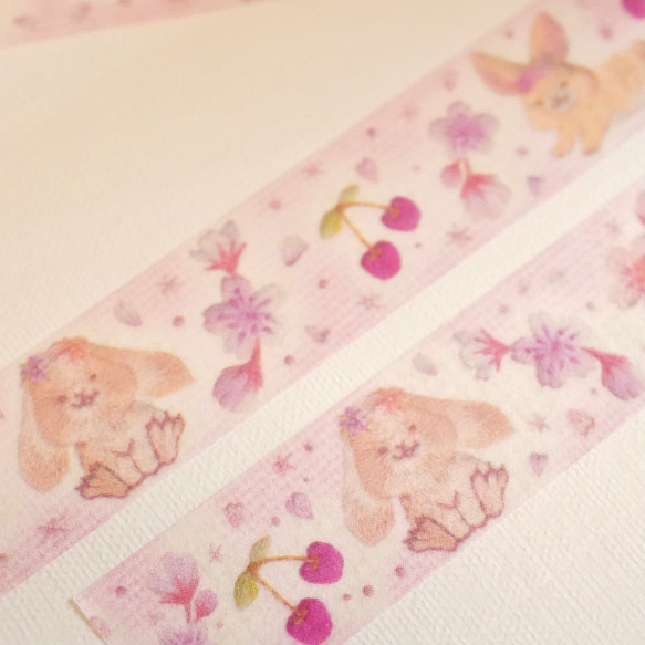 [マステ＋ミニカード] ✳︎動物刺繍デザイン✳︎ Cherry blossom rabbit ウサギと桜とサクランボ 5枚目の画像