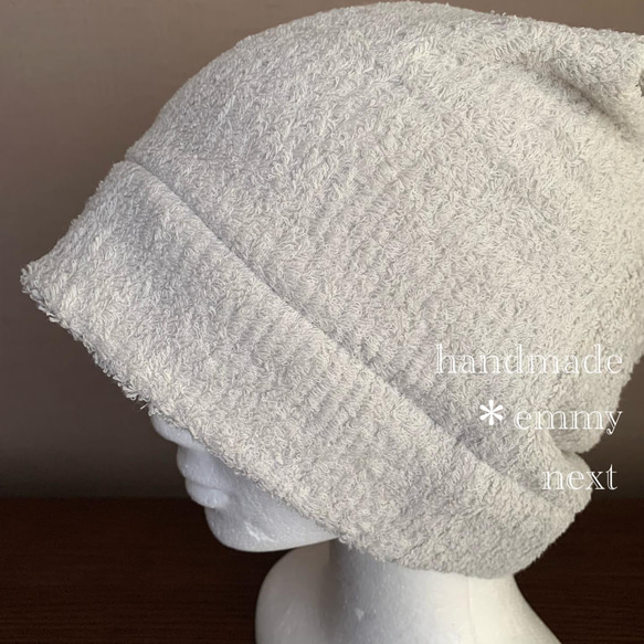 送料無料＊handmade今治産タオルで作った帽子〈ソフトグレー・タグなし〉かわいい医療用帽子　ケア帽子　ケアキャップ 2枚目の画像