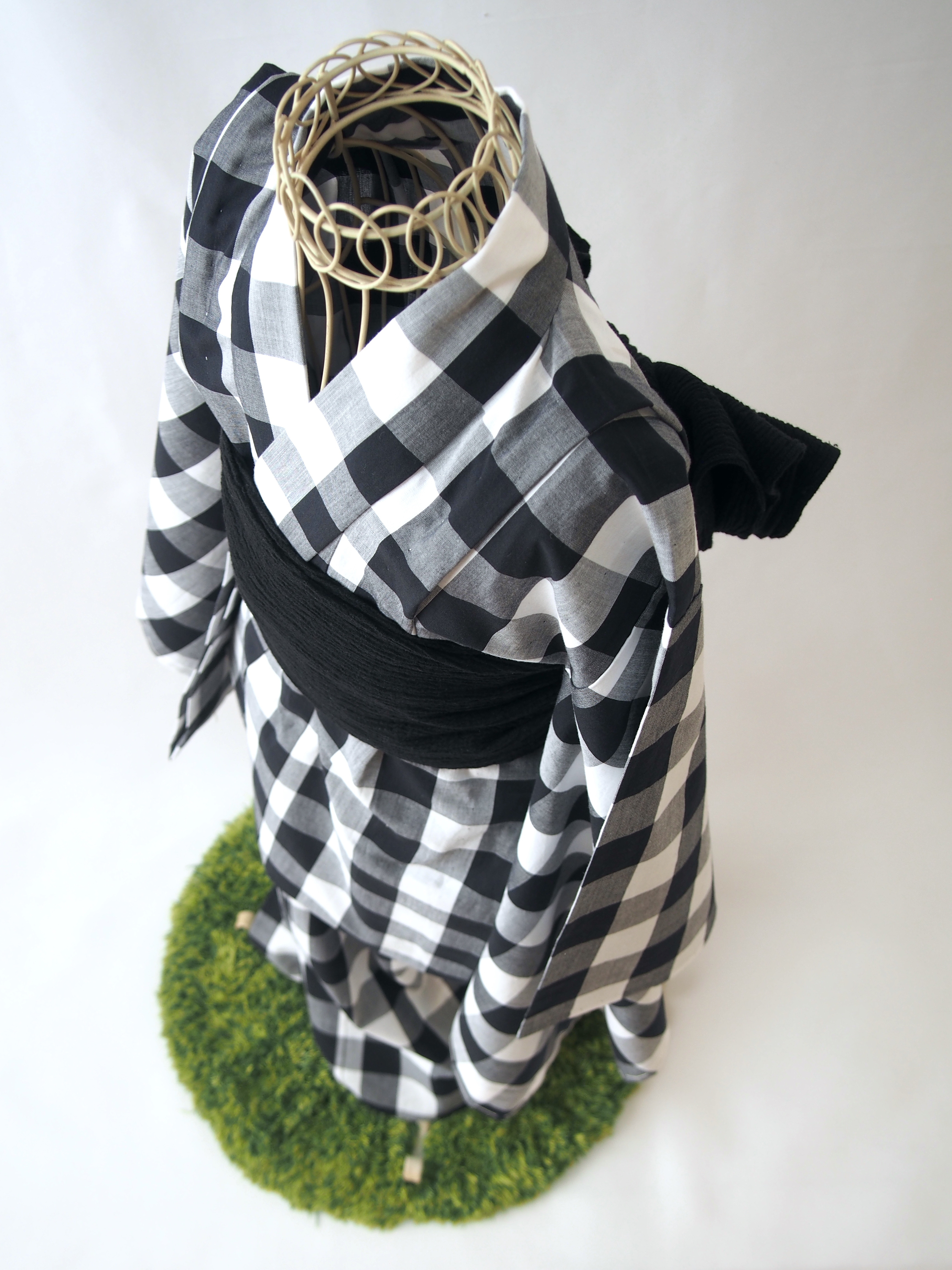 こども浴衣M／白黒ギンガムチェック／木綿(コットン)／市松模様／ダミエ柄／四つ身／園児〜小学生