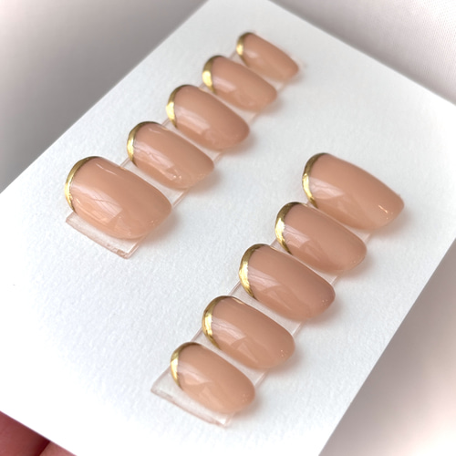 上品/ネイルチップ/シンプル/オフィス/ピンクベージュ/ゴールド