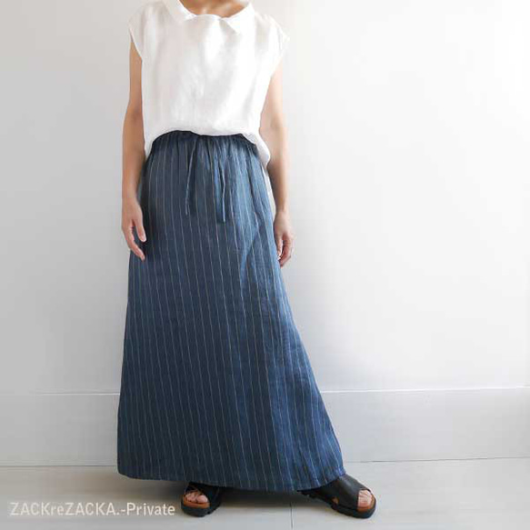 リトアニアリネン100％・心地よいやわらか素材・インディゴブルー×ホワイトストライプ・マキシ丈スカート 4枚目の画像