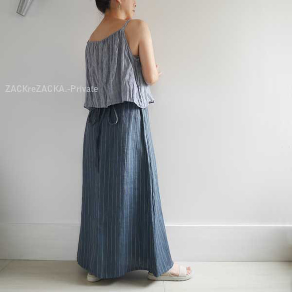 リトアニアリネン100％・心地よいやわらか素材・インディゴブルー×ホワイトストライプ・マキシ丈スカート 3枚目の画像