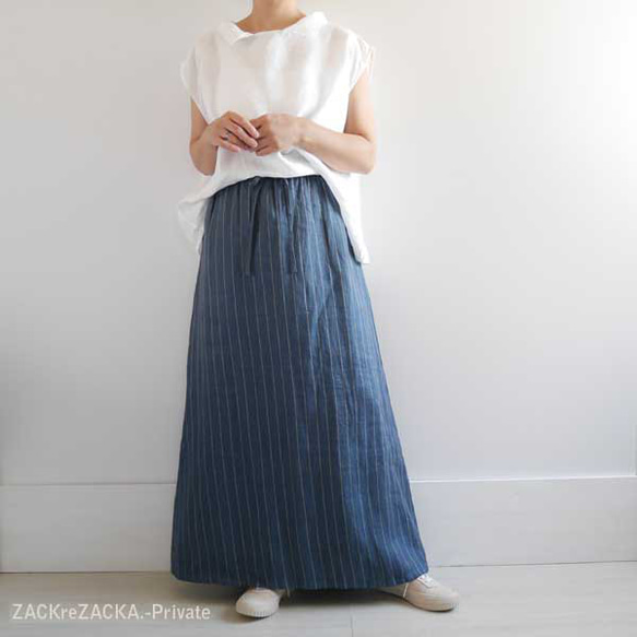 リトアニアリネン100％・心地よいやわらか素材・インディゴブルー×ホワイトストライプ・マキシ丈スカート 10枚目の画像
