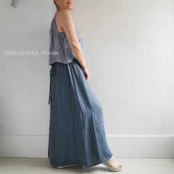 リトアニアリネン100％・心地よいやわらか素材・インディゴブルー×ホワイトストライプ・マキシ丈スカート 2枚目の画像