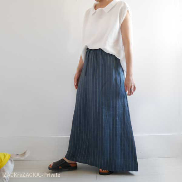 リトアニアリネン100％・心地よいやわらか素材・インディゴブルー×ホワイトストライプ・マキシ丈スカート 7枚目の画像