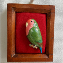 コザクラインコのブローチ　木で作った鳥のブローチ　木彫り・アクセサリー・鳥好きさんへ 1枚目の画像