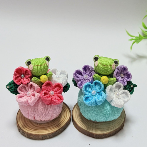 ちりめん細工歳時記『梅雨』福かえる♡紫陽花とカエルペア♡ ピンクと