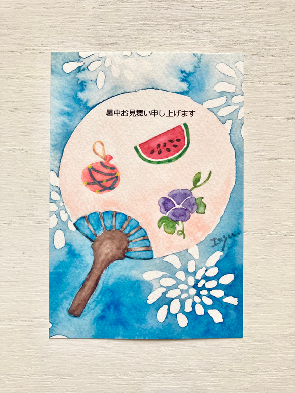 3枚セット「うちわ」水彩画イラストポストカード　花火　祭り　スイカ　暑中見舞い　夏　残暑見舞い 2枚目の画像
