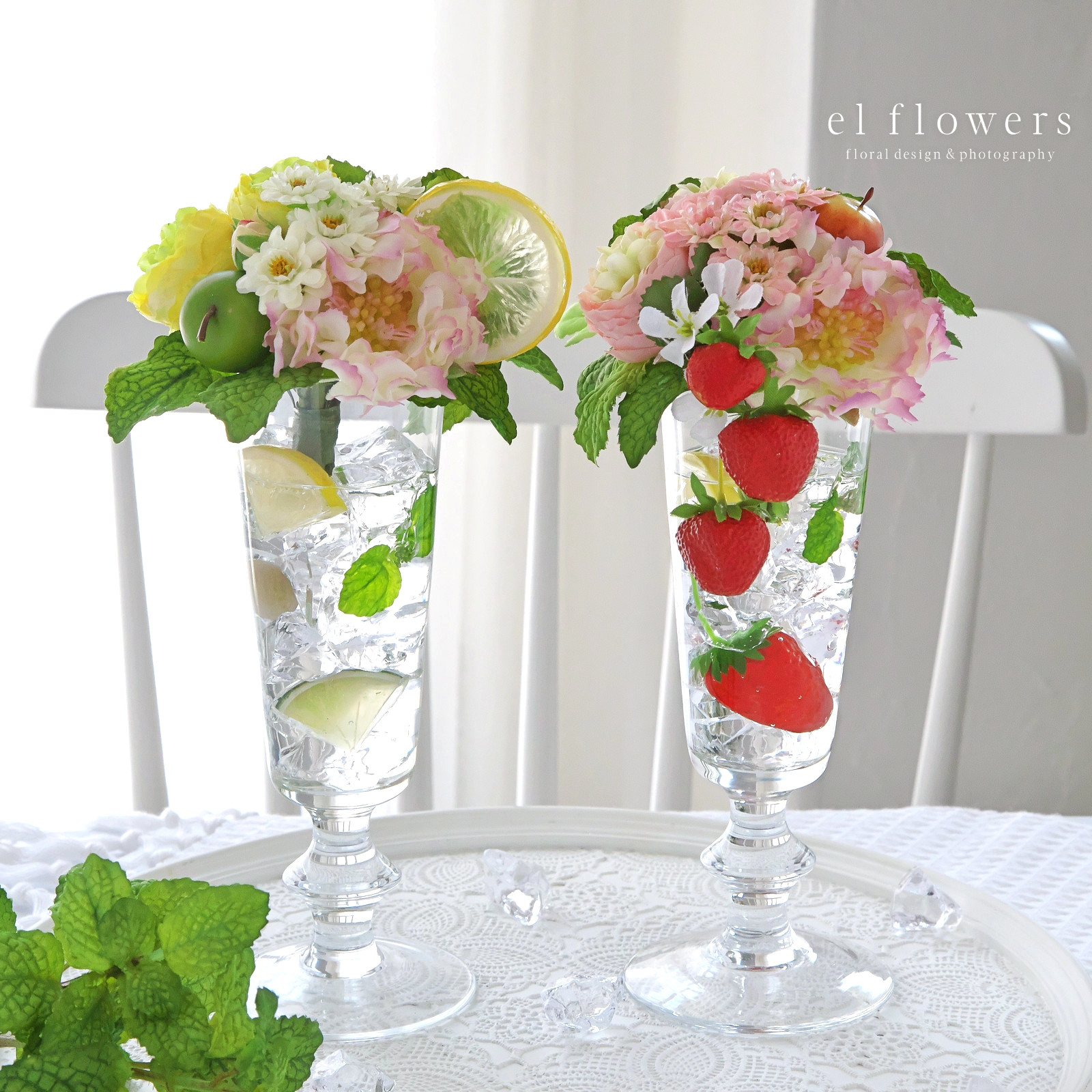 ハーブとフルーツのシャンパングラスアレンジ☆水換え・お手入れ不要☆マジカルウォーター（受注制作）