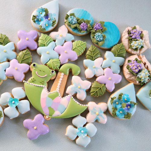 紫陽花ハンドメイド2026』カエルさんと紫陽花のアイシングクッキー梅雨