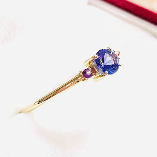 再販x4・K18(18金)最高品質タンザナイトとアメジストのリング【セミ