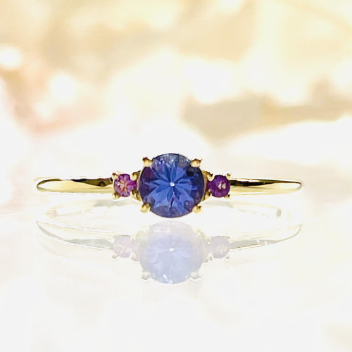 再販x4・K18(18金)最高品質タンザナイトとアメジストのリング【セミ