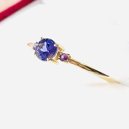 再販x4・K18(18金)最高品質タンザナイトとアメジストのリング【セミ