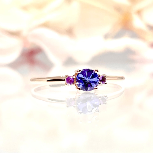 再販x4・K18(18金)最高品質タンザナイトとアメジストのリング【セミ