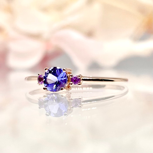 再販x4・K18(18金)最高品質タンザナイトとアメジストのリング【セミ