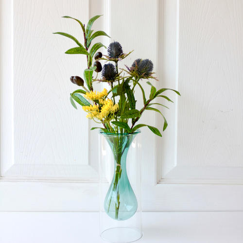 特集掲載！【花瓶セット】アザミとオリーブのガラスの花瓶に造花の