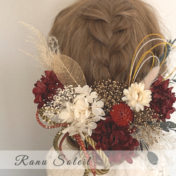 ヘッドドレス　RED＆White goldribbon 結婚式　卒業式　プリザーブドフラワー　ドライフラワー　成人式 3枚目の画像