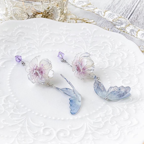 蓮華(れんげ)ブルー ピアス・イヤリング ディップアート
