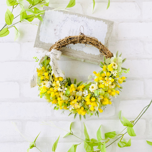 ミモザリース、春リース、造花、ハーフムーン、アジサイ、ナチュラル