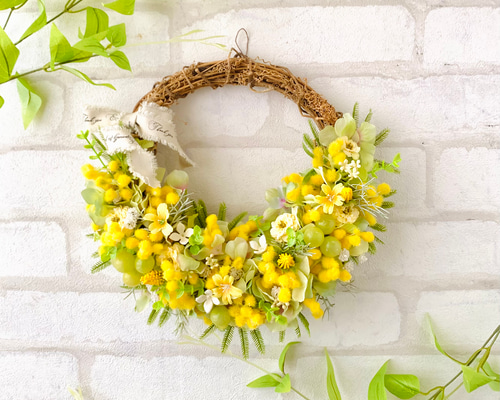 ミモザリース、春リース、造花、ハーフムーン、アジサイ、ナチュラル