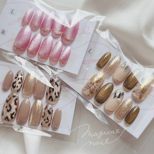 再販/キラキラレオパード柄ネイルチップ マグネット ヒョウ柄 ミラー