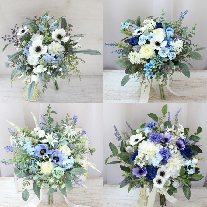 オーダーメイドブーケ22,000円～/アネモネ、白、サムシングブルー、グリーンのクラッチブーケ