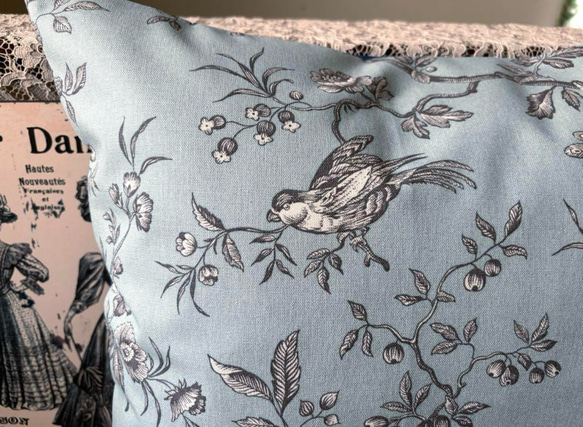 フランス製トワルドジュイ シノワズリ 鳥たちのクッションカバー(ブルー)♡45cm用 5枚目の画像