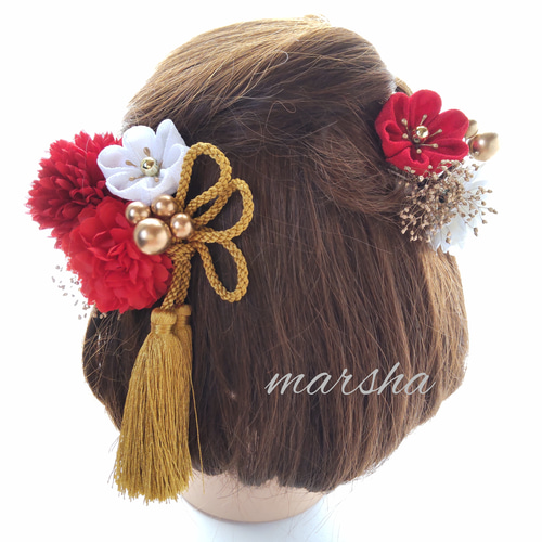 赤の髪飾り、和装髪飾り、成人式髪飾り、卒業式、前撮り、七五三