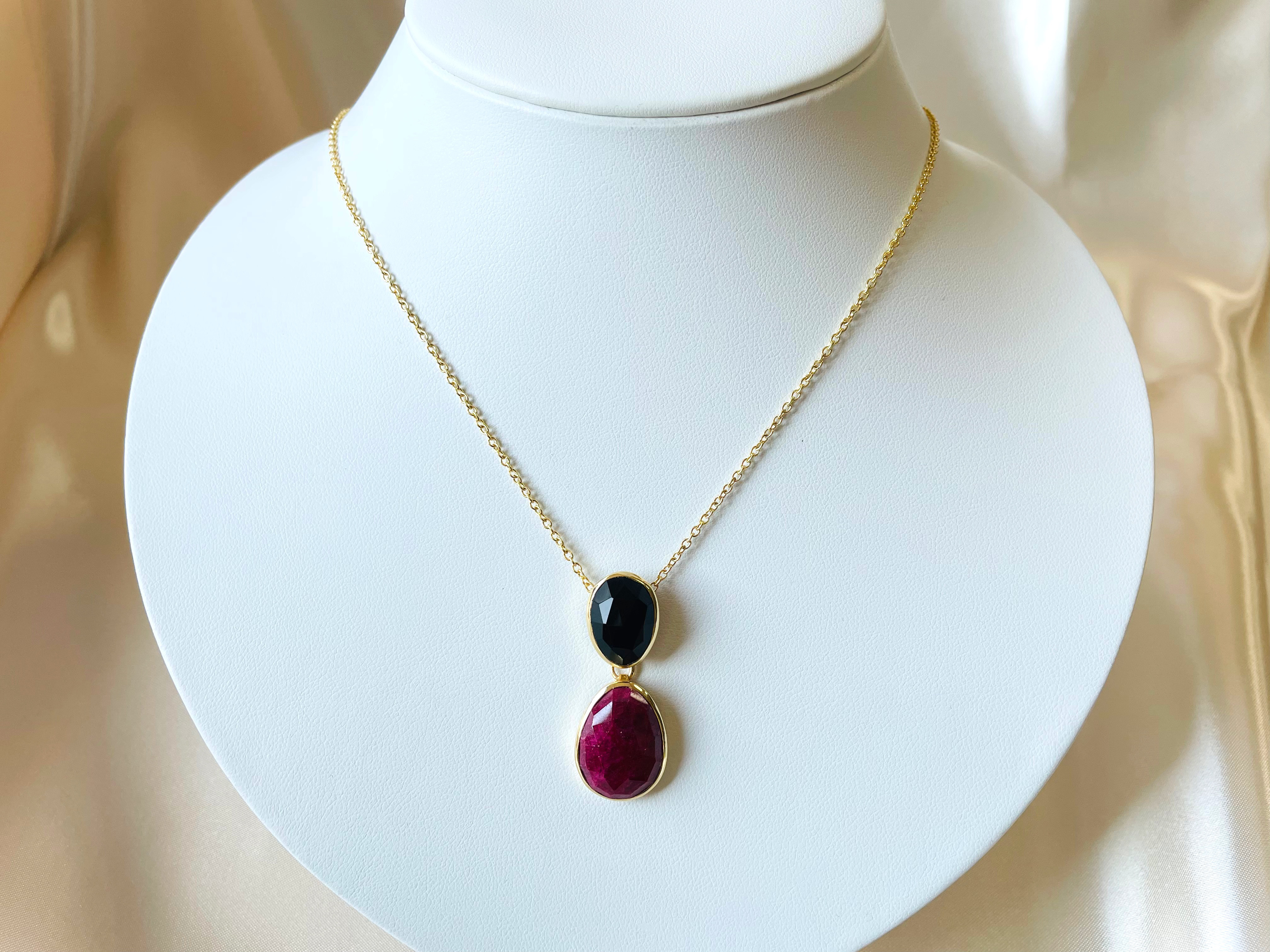 《SV925+K18YGコーティング》天然石ペンダント◇ルビー◇ブラックオニキス