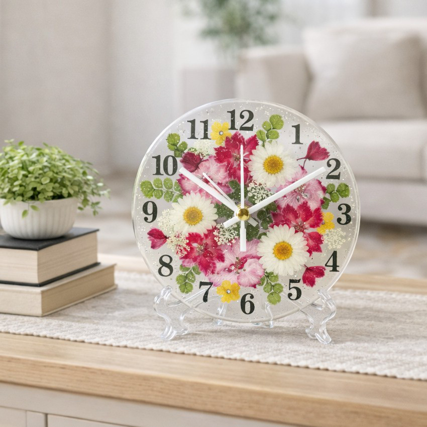 【ギフト】押し花 花時計 【ラークスパー・ピンク】 φ15cm ハンドメイド ギフト ボックス入り