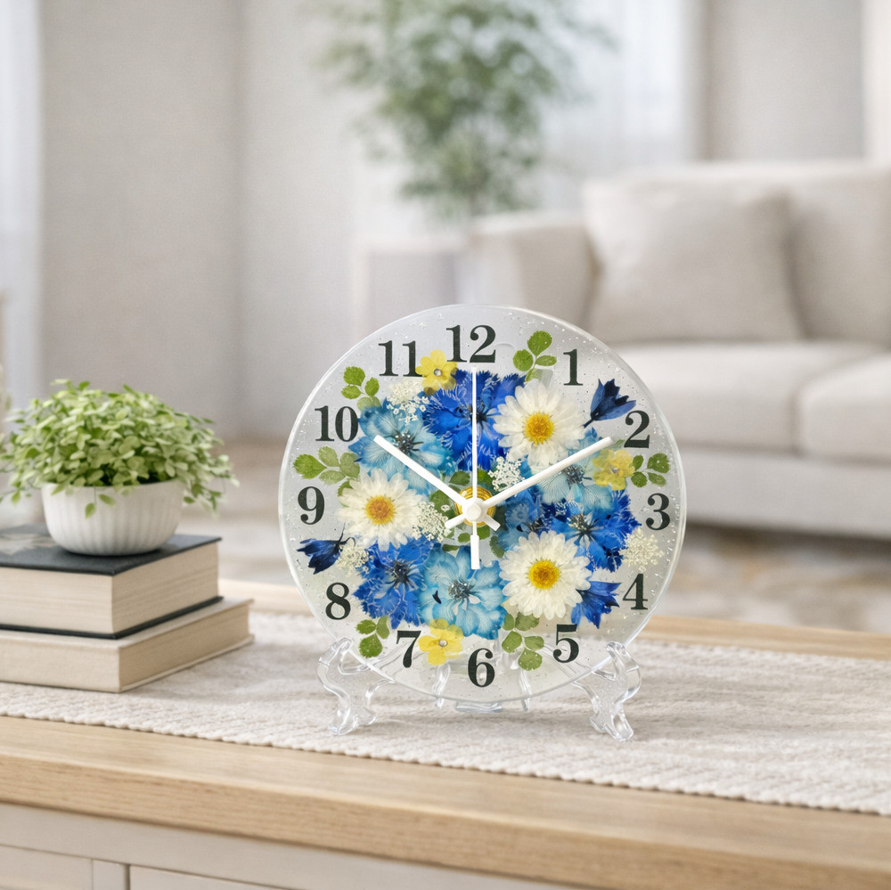 【ギフト】押し花 花時計 【ラークスパー・ブルー】 φ15cm ハンドメイド ギフト ボックス入り
