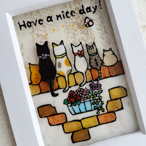 送料無料*ステンドグラス風*猫とレンガの壁・ホワイト系・黒猫・ミケ